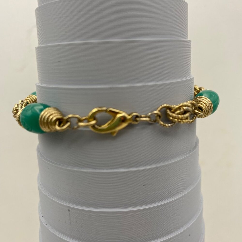 Vintage Bracelet Gold Wire Wrapped Green Glass Bead Knot Accent Lobster Clasp - Picture 8 of 9
